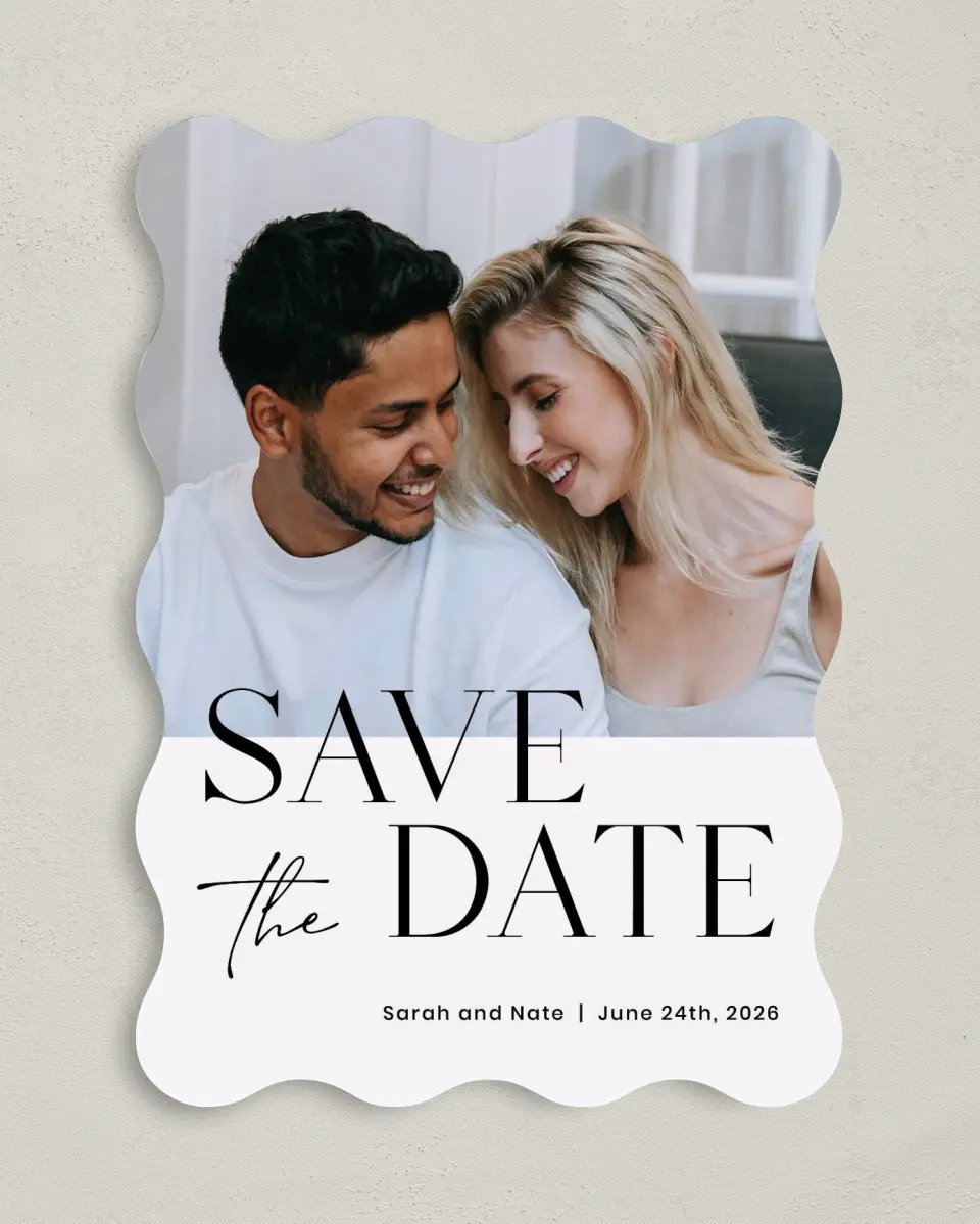 This is a 5" x 7" Save the Date Card called Alluring Type printed in full color on Premium Smooth paper