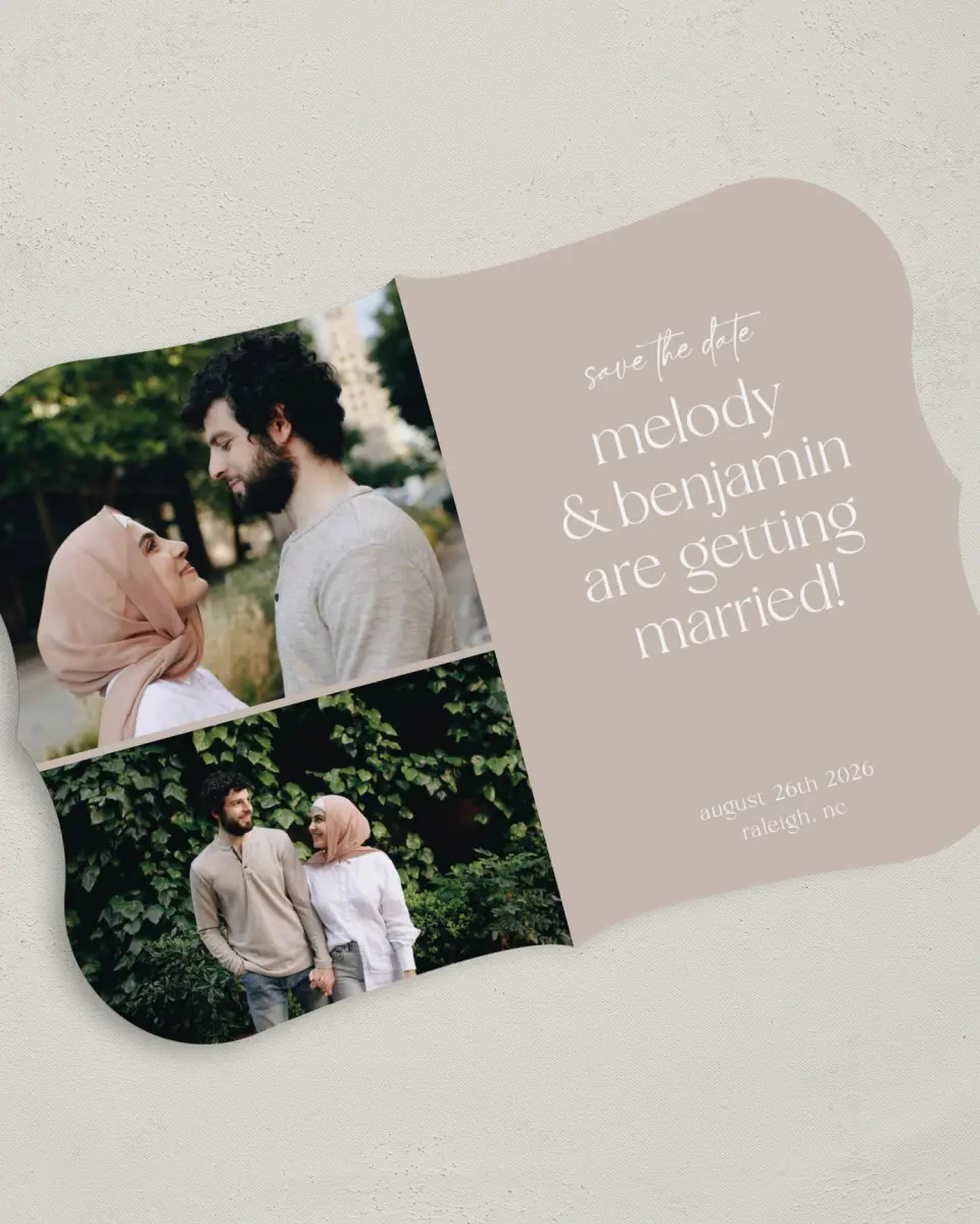 This is a 5" x 7" Save the Date Card called Pretty Plans printed in full color on Premium Smooth paper