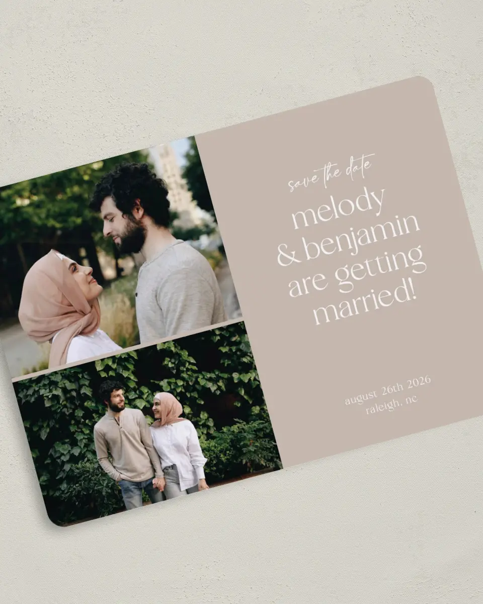 This is a 5" x 7" Save the Date Card called Pretty Plans printed in full color on Premium Smooth paper