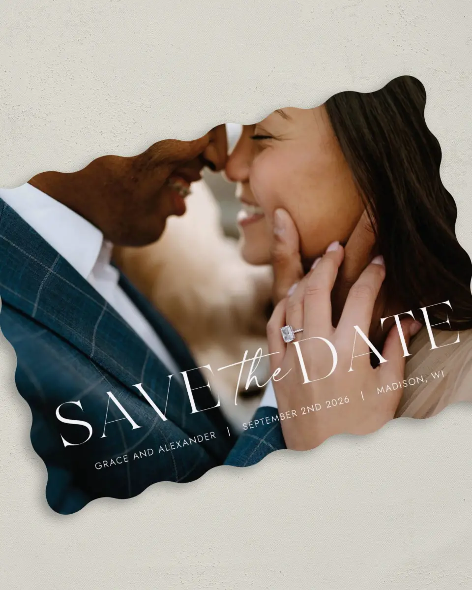 This is a 5" x 7" Save the Date Card called Confident Couple printed in full color on Premium Smooth paper