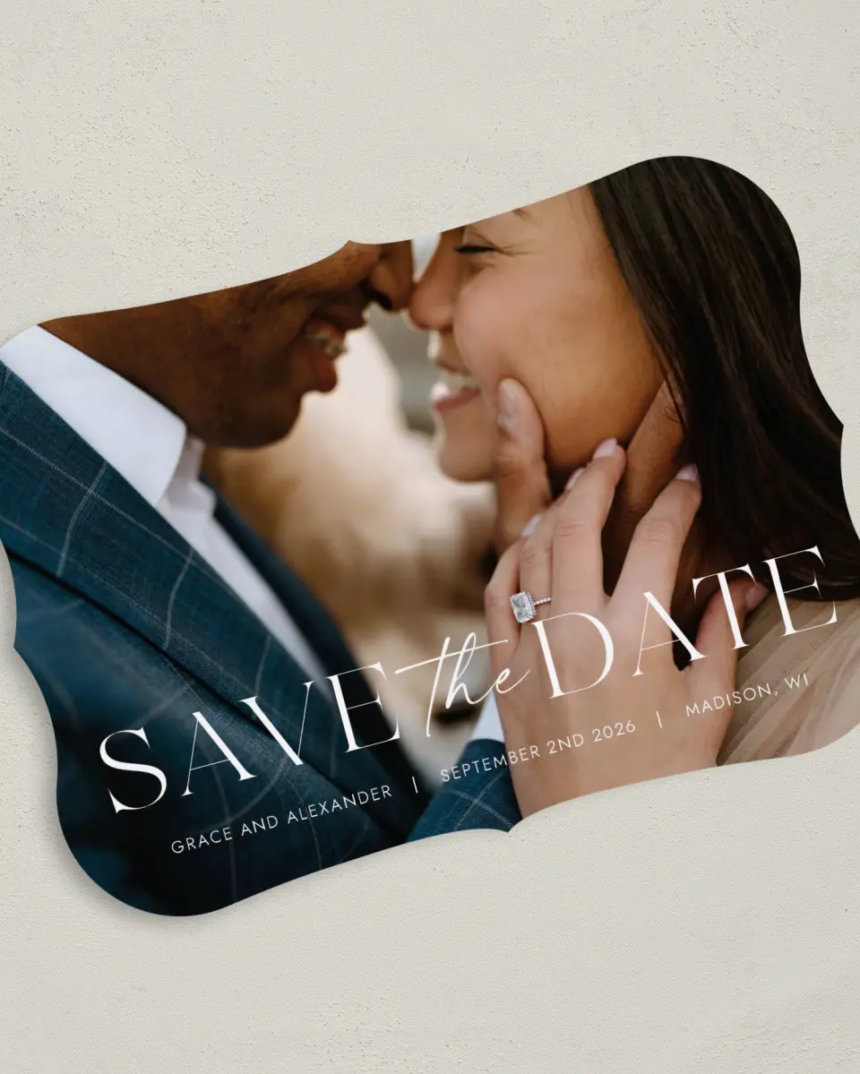 This is a 5" x 7" Save the Date Card called Confident Couple printed in full color on Premium Smooth paper