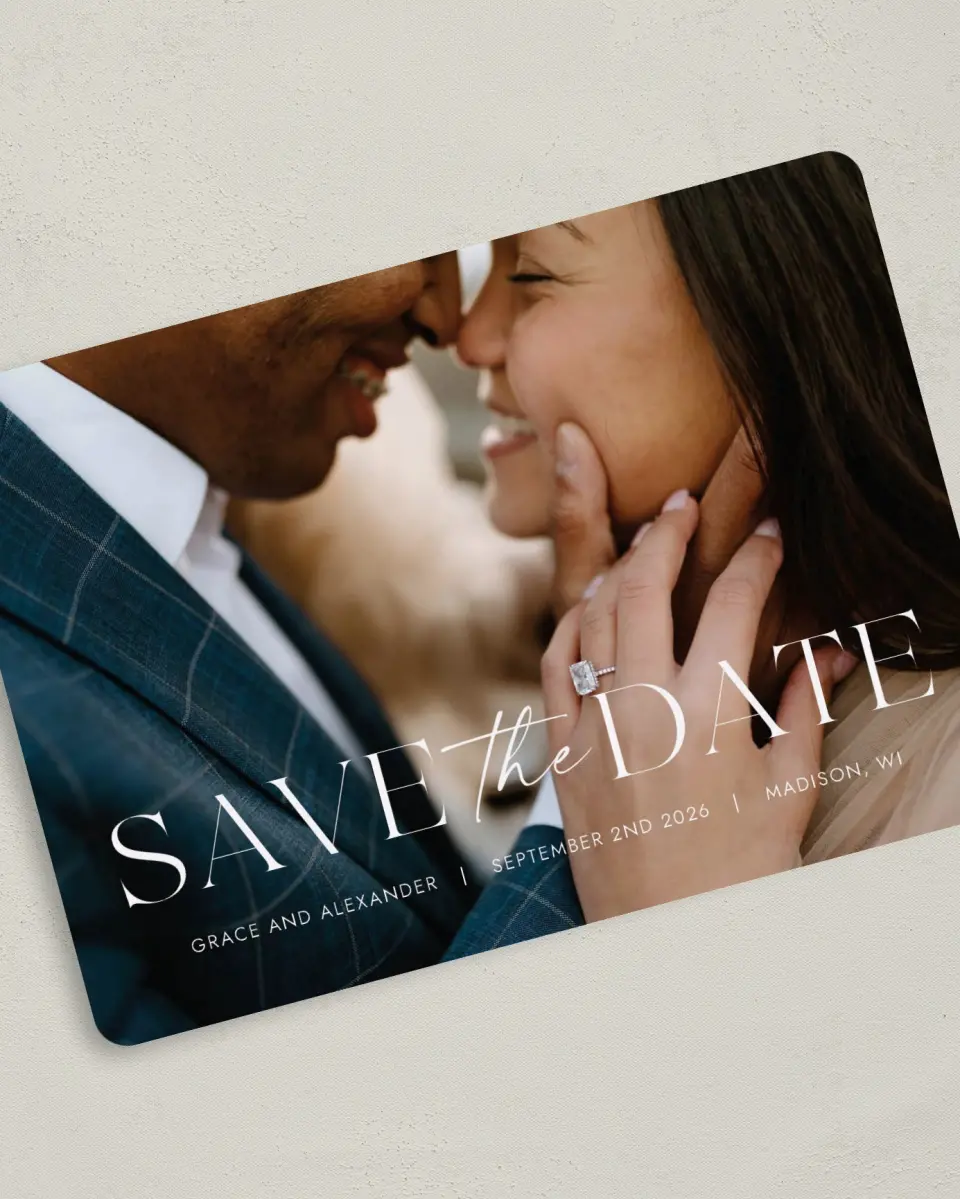 This is a 5" x 7" Save the Date Card called Confident Couple printed in full color on Premium Smooth paper