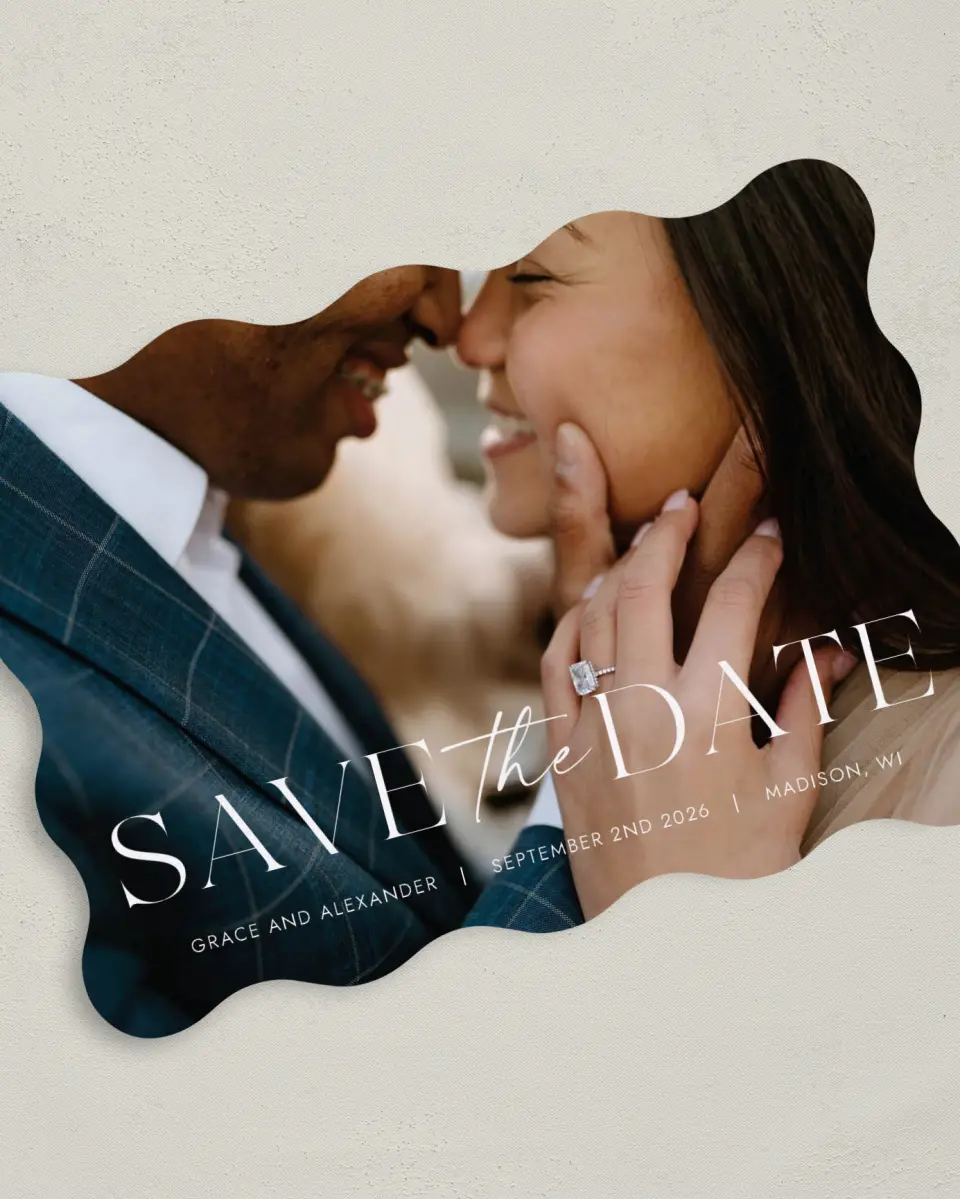 This is a 5" x 7" Save the Date Card called Confident Couple printed in full color on Premium Smooth paper