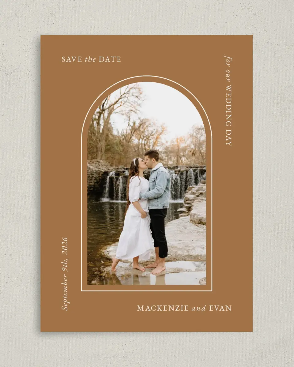 This is a 5" x 7" Save the Date Card called Steady Adoration printed in full color on Premium Smooth paper