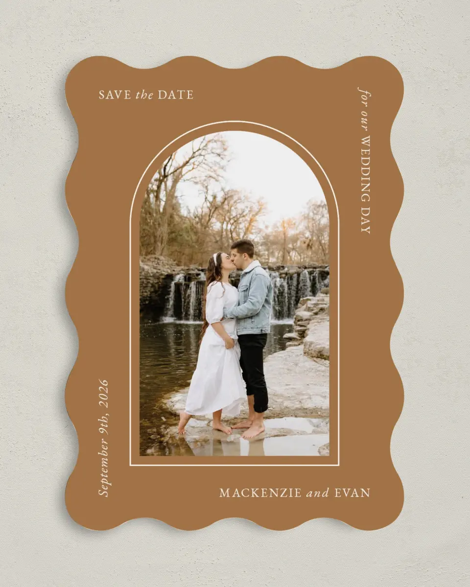 This is a 5" x 7" Save the Date Card called Steady Adoration printed in full color on Premium Smooth paper