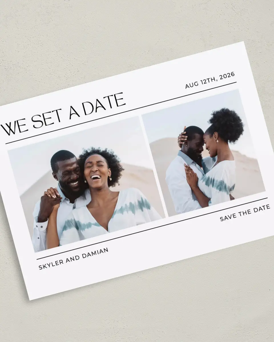 This is a 5" x 7" Save the Date Card called Savvy Set printed in full color on Premium Smooth paper