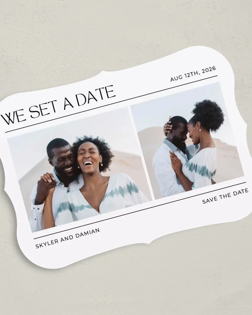 This is a 5" x 7" Save the Date Card called Savvy Set printed in full color on Premium Smooth paper