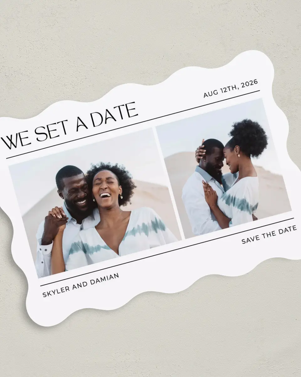 This is a 5" x 7" Save the Date Card called Savvy Set printed in full color on Premium Smooth paper