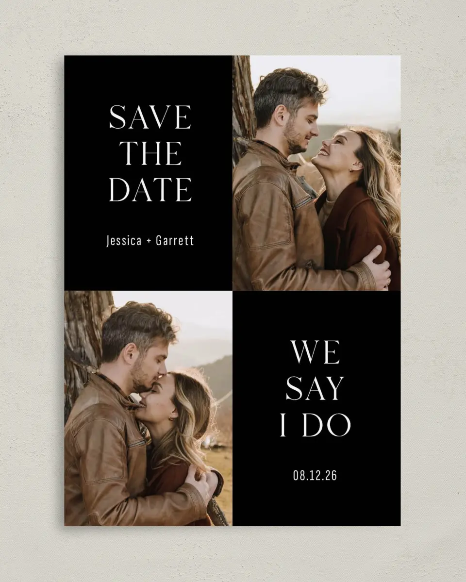 This is a 5" x 7" Save the Date Card called Smart Setting printed in full color on Premium Smooth paper