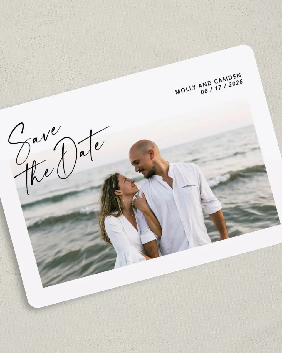This is a 5" x 7" Save the Date Card called Gentle Spark printed in full color on Premium Smooth paper