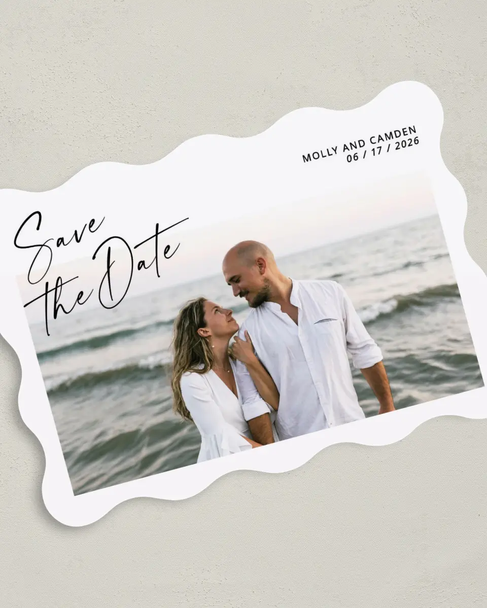 This is a 5" x 7" Save the Date Card called Gentle Spark printed in full color on Premium Smooth paper
