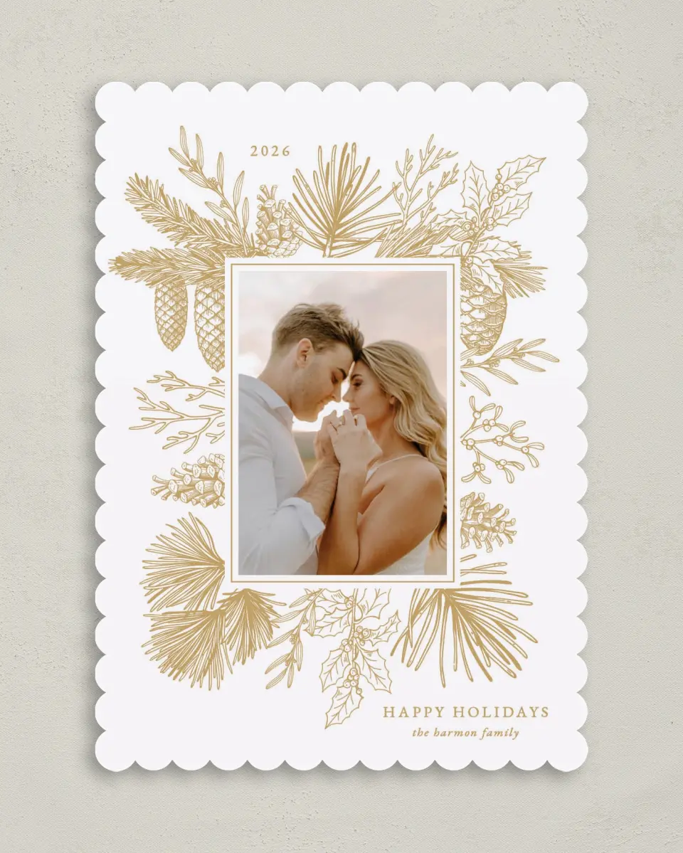 This is a 5" x 7" Christmas Card called Gilded Pine printed in full color on Premium Smooth paper on Premium Smooth paper on Premium Smooth paper