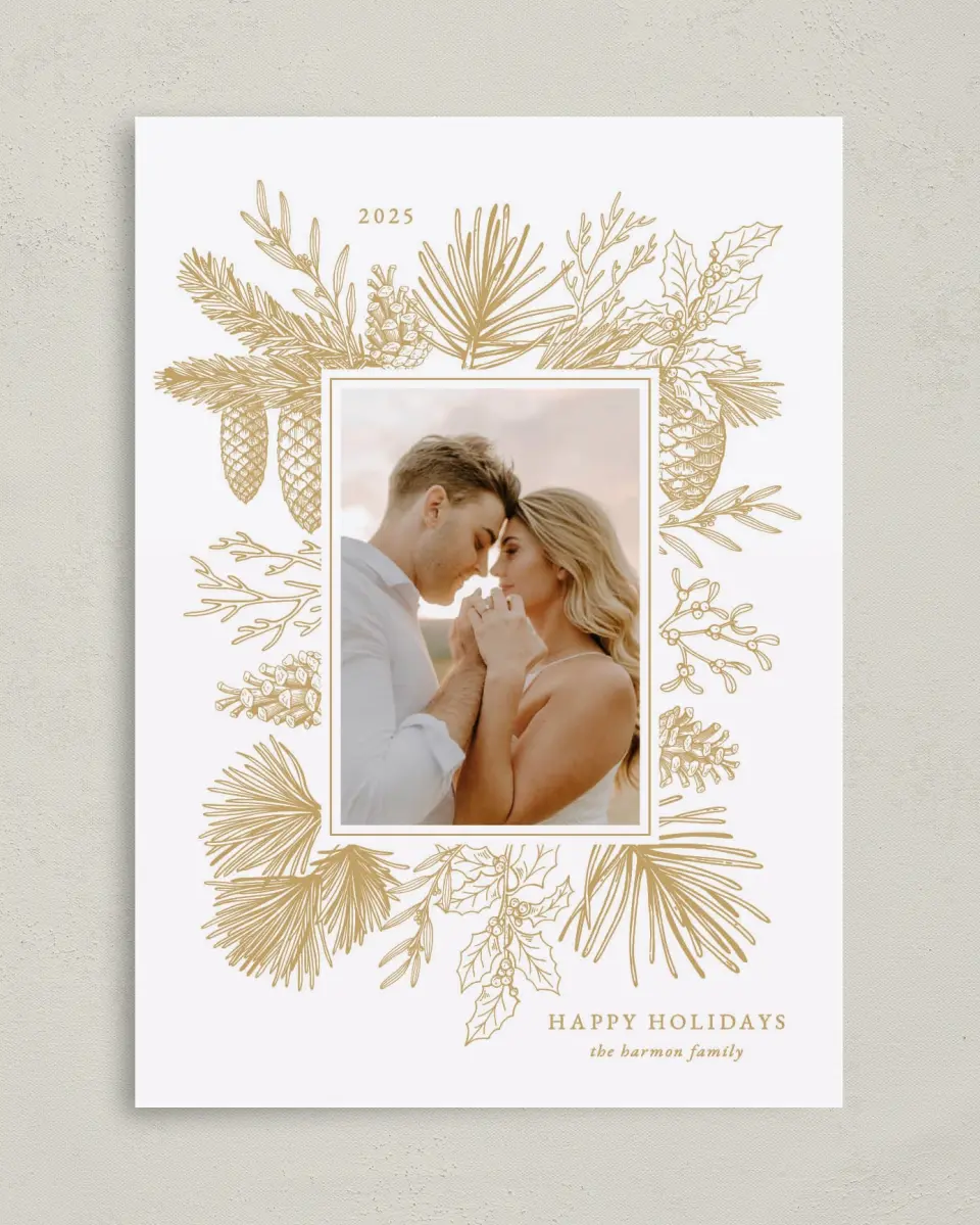 This is a 5" x 7" Christmas Card called Gilded Pine printed in full color on Premium Smooth paper