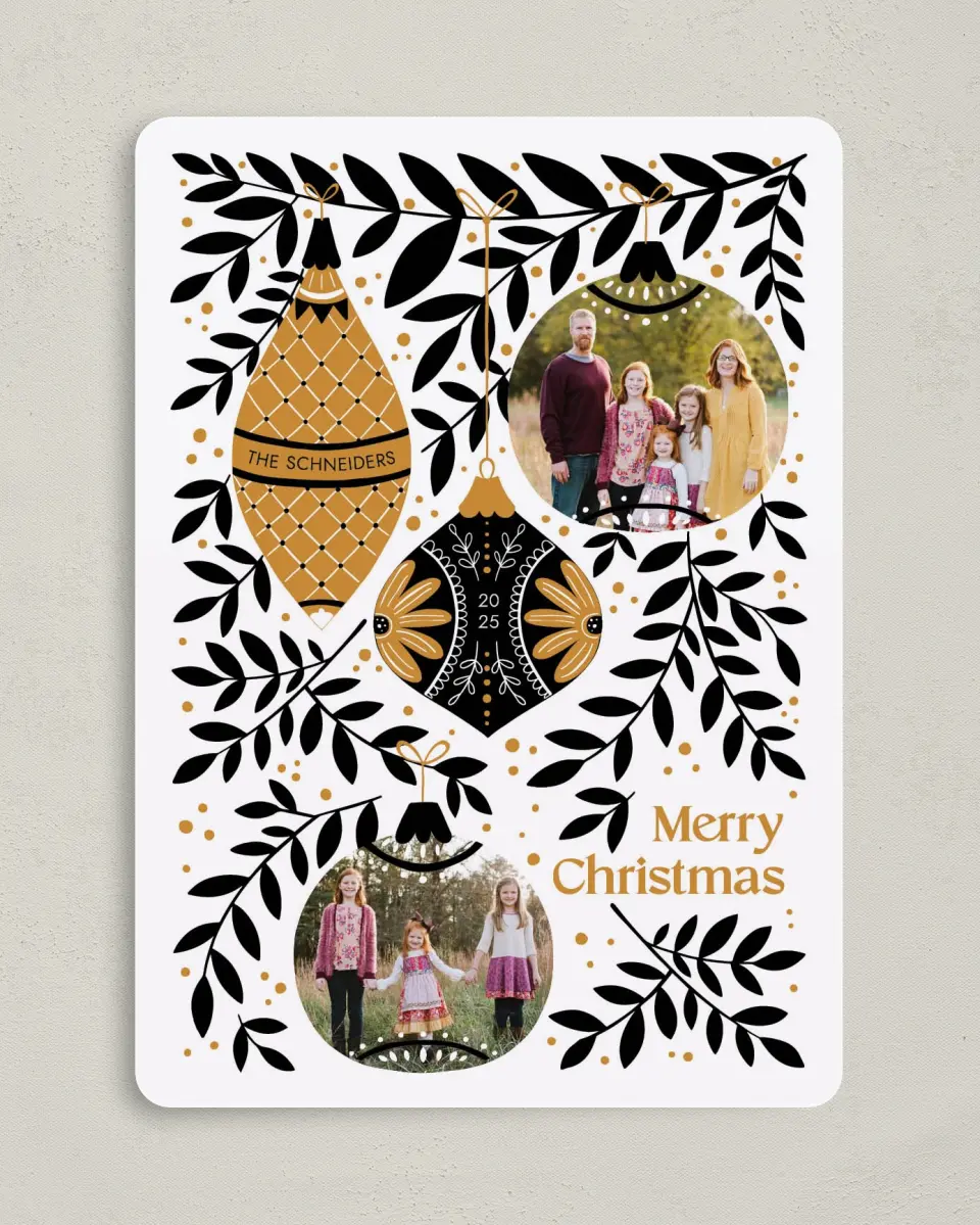 This is a 5" x 7" Christmas Card called Folksy Ornaments printed in full color on Premium Smooth paper