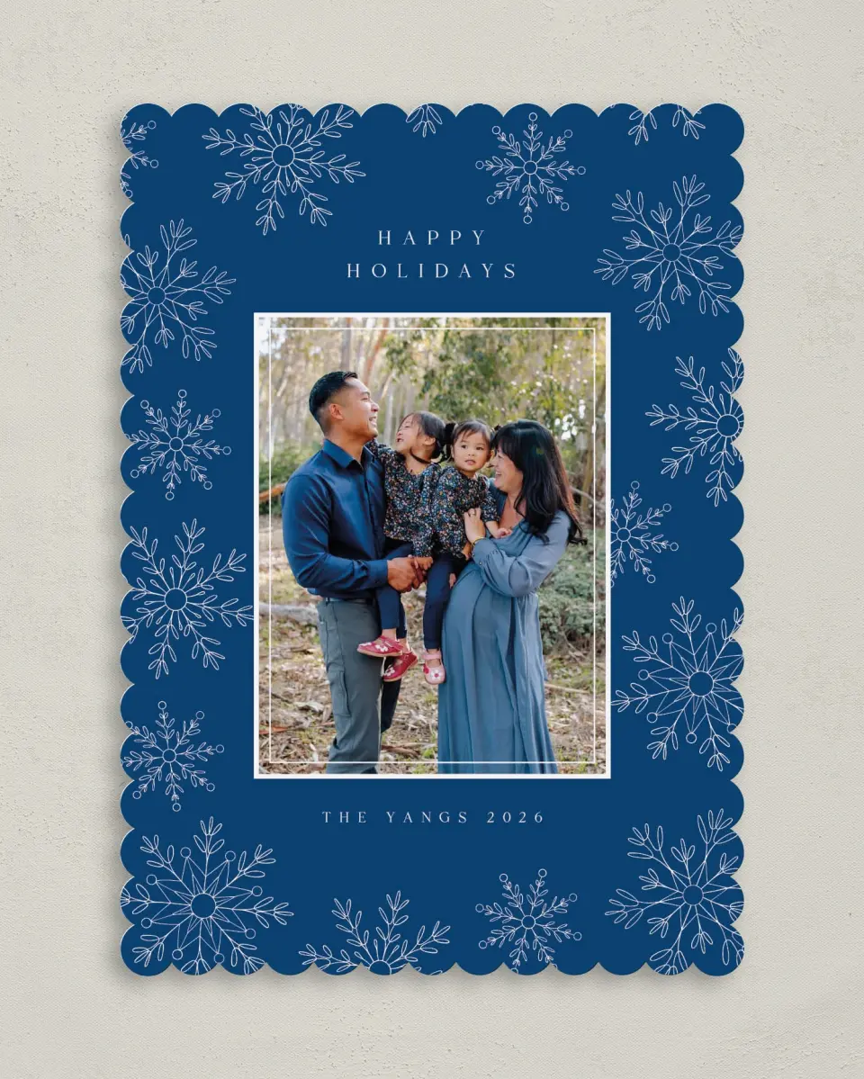 This is a 5" x 7" Christmas Card called Elegant Snowfall printed in full color on Premium Smooth paper on Premium Smooth paper on Premium Smooth paper