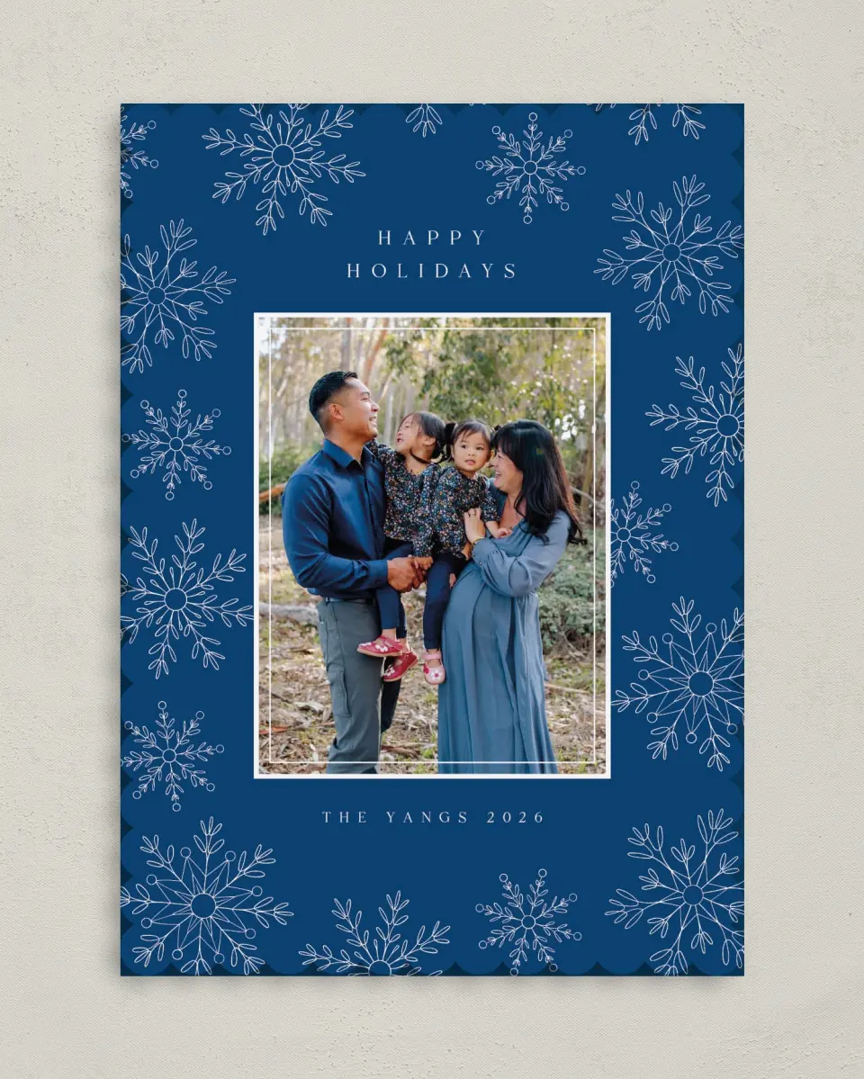 This is a 5" x 7" Christmas Card called Elegant Snowfall printed in full color on Premium Smooth paper on Premium Smooth paper on Premium Smooth paper