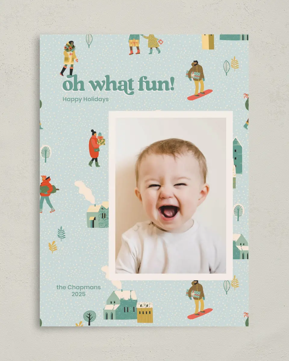 This is a 5" x 7" Christmas Card called Townfolk Fun printed in full color on Premium Smooth paper