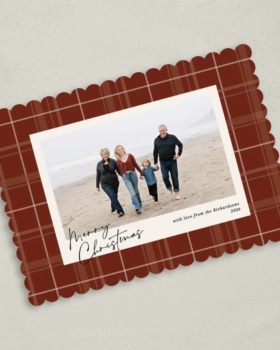 This is a 5" x 7" Christmas Card called Peaceful Plaid printed in full color on Premium Smooth paper on Premium Smooth paper on Premium Smooth paper