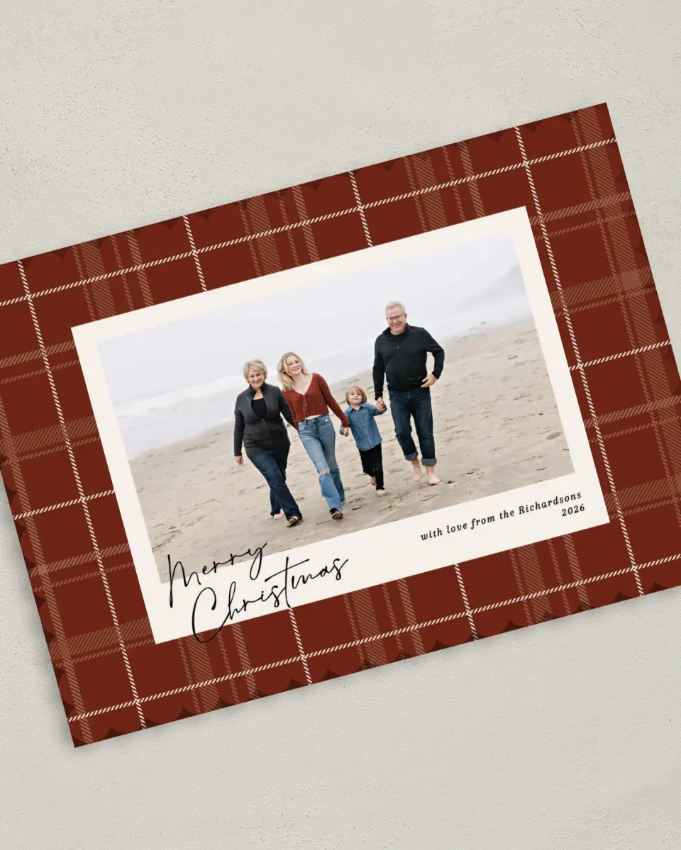 This is a 5" x 7" Christmas Card called Peaceful Plaid printed in full color on Premium Smooth paper on Premium Smooth paper on Premium Smooth paper