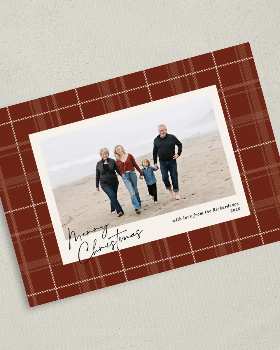 This is a 5" x 7" Christmas Card called Peaceful Plaid printed in full color on Premium Smooth paper