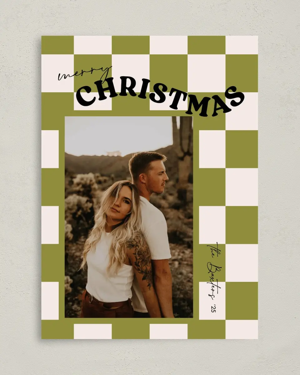This is a 5" x 7" Christmas Card called Cheerful Check printed in full color on Premium Smooth paper