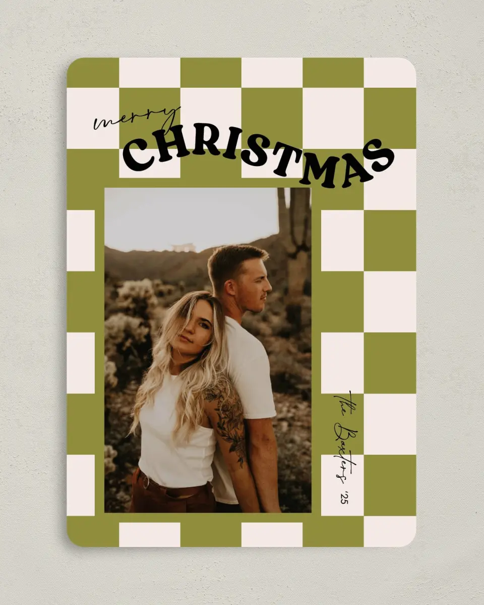 This is a 5" x 7" Christmas Card called Cheerful Check printed in full color on Premium Smooth paper