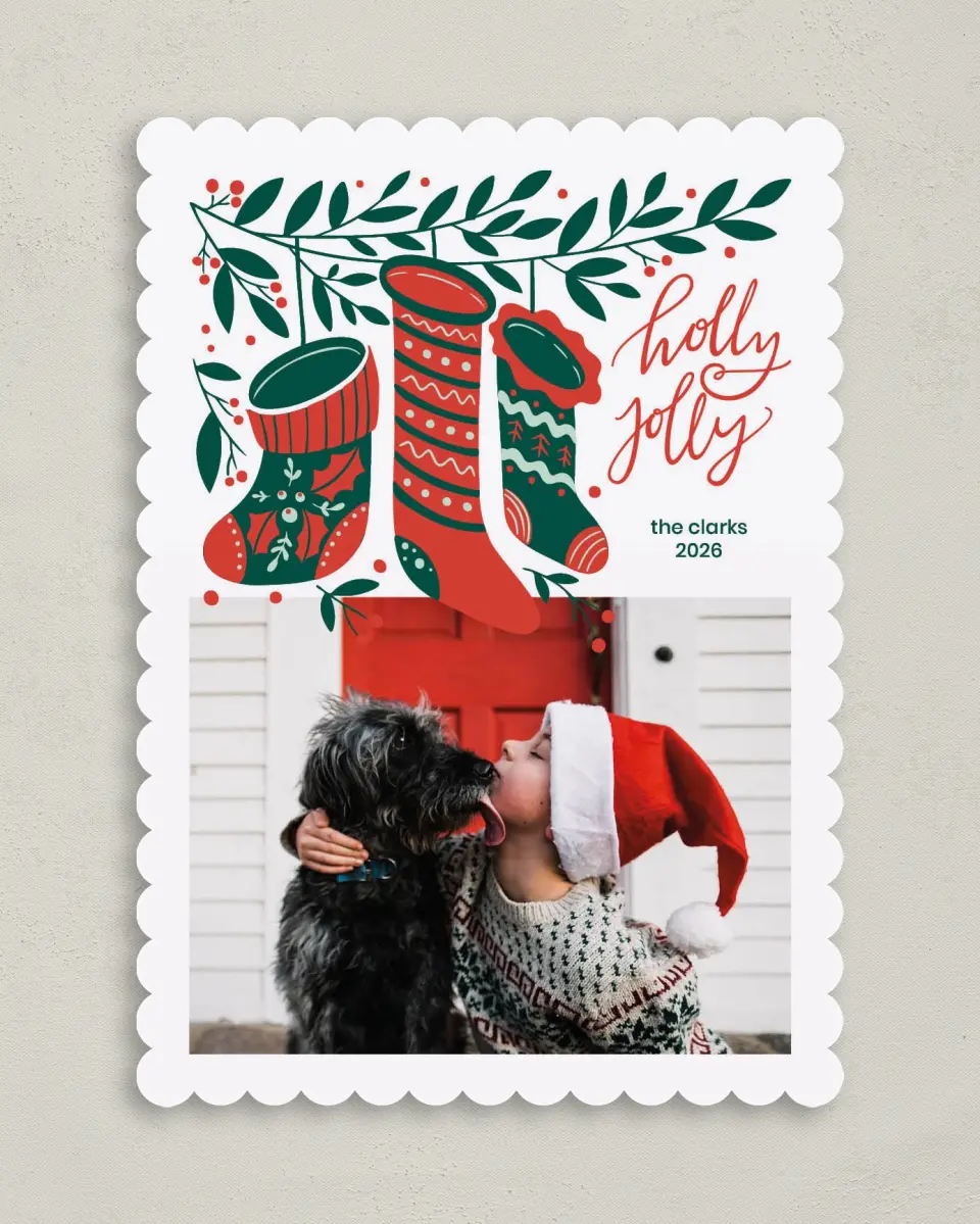This is a 5" x 7" Christmas Card called Jolly Stockings printed in full color on Premium Smooth paper on Premium Smooth paper on Premium Smooth paper
