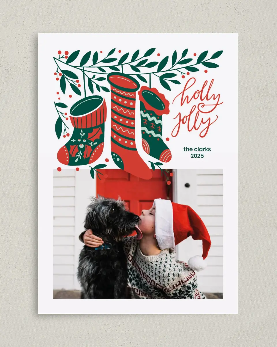 This is a 5" x 7" Christmas Card called Jolly Stockings printed in full color on Premium Smooth paper