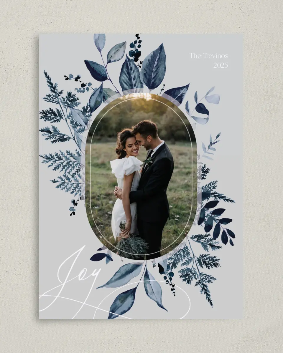 This is a 5" x 7" Christmas Card called Blue Botanics printed in full color on Premium Smooth paper