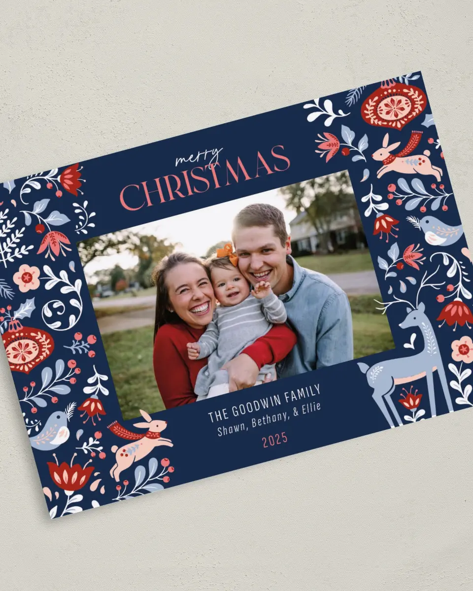 This is a 5" x 7" Christmas Card called Festive Winter printed in full color on Premium Smooth paper