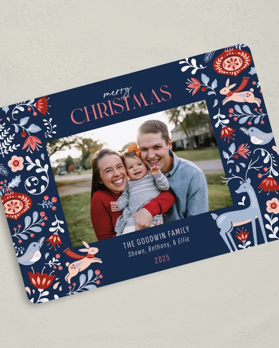 This is a 5" x 7" Christmas Card called Festive Winter printed in full color on Premium Smooth paper