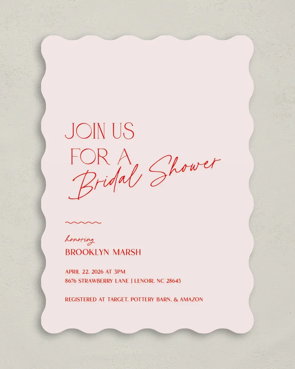 This is a 5" x 7" Bridal Shower Invitation called Contemporary Chic printed in full color with Rose Gold foil on Luxe Satin (coated) paper