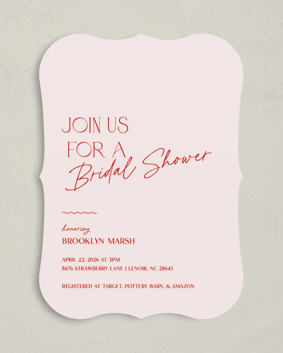 This is a 5" x 7" Bridal Shower Invitation called Contemporary Chic printed in full color with Rose Gold foil on Luxe Satin (coated) paper