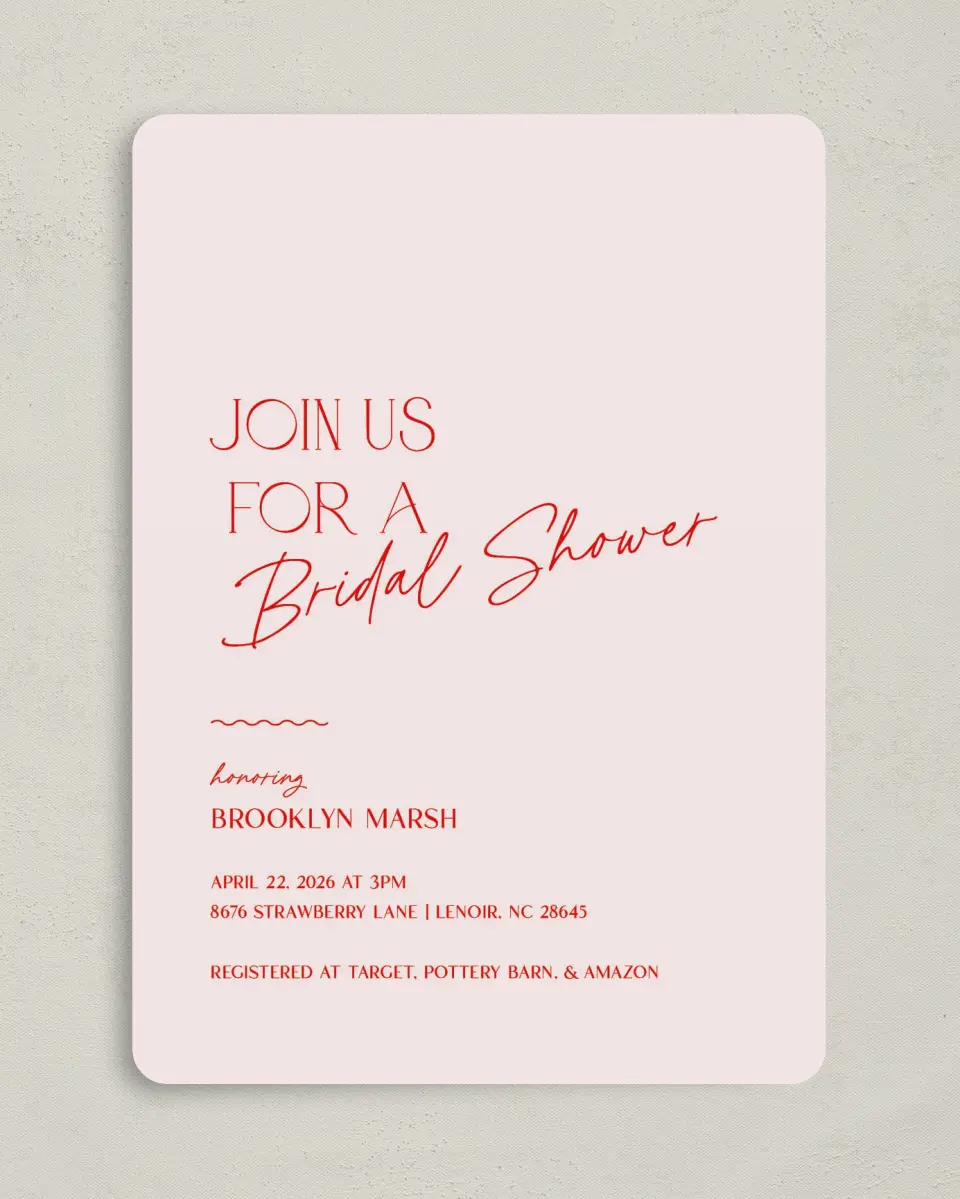 This is a 5" x 7" Bridal Shower Invitation called Contemporary Chic printed in full color with Gold foil on Luxe Satin (coated) paper
