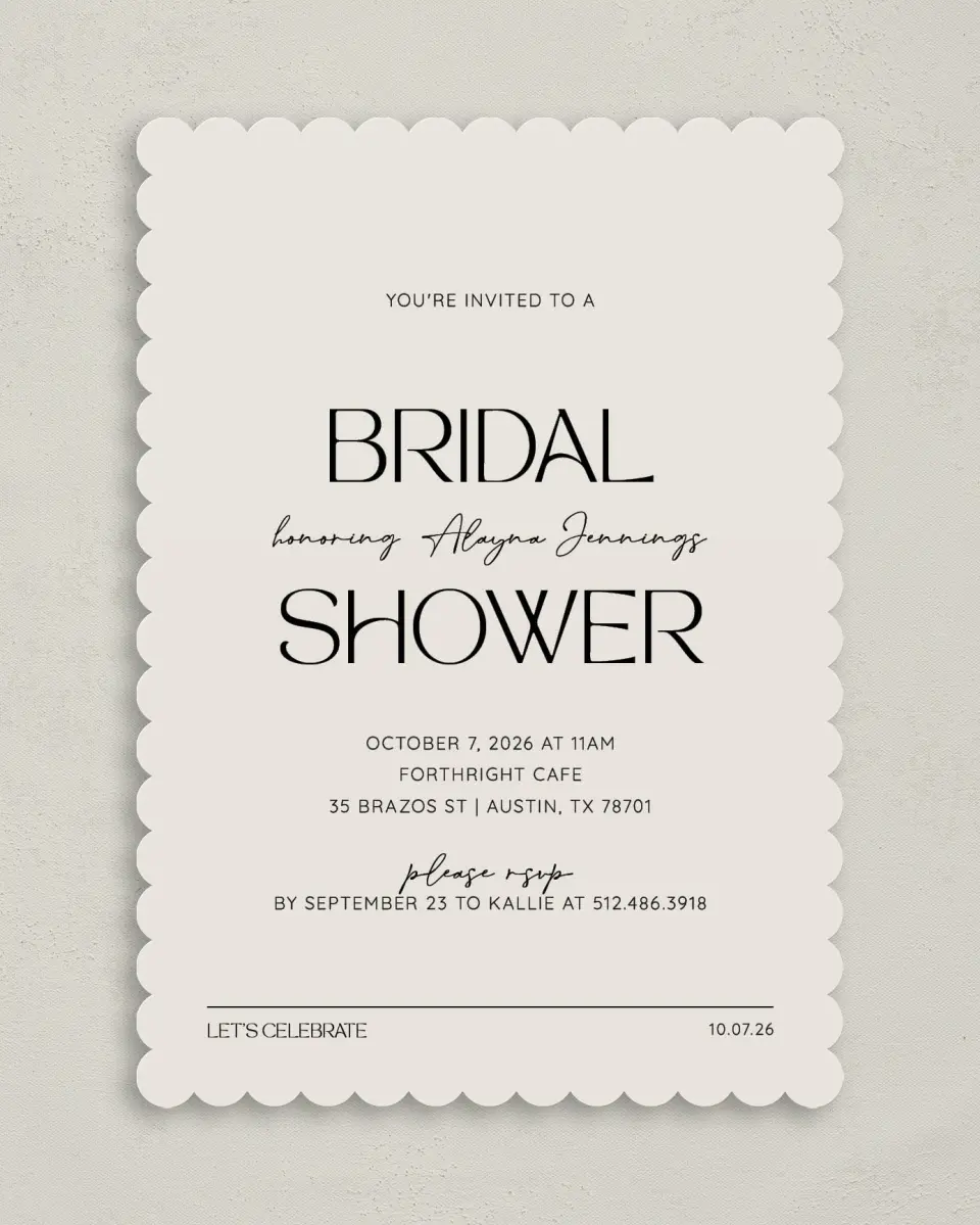This is a 5" x 7" Bridal Shower Invitation called Honored Bride printed in full color with Rose Gold foil on Luxe Satin (coated) paper