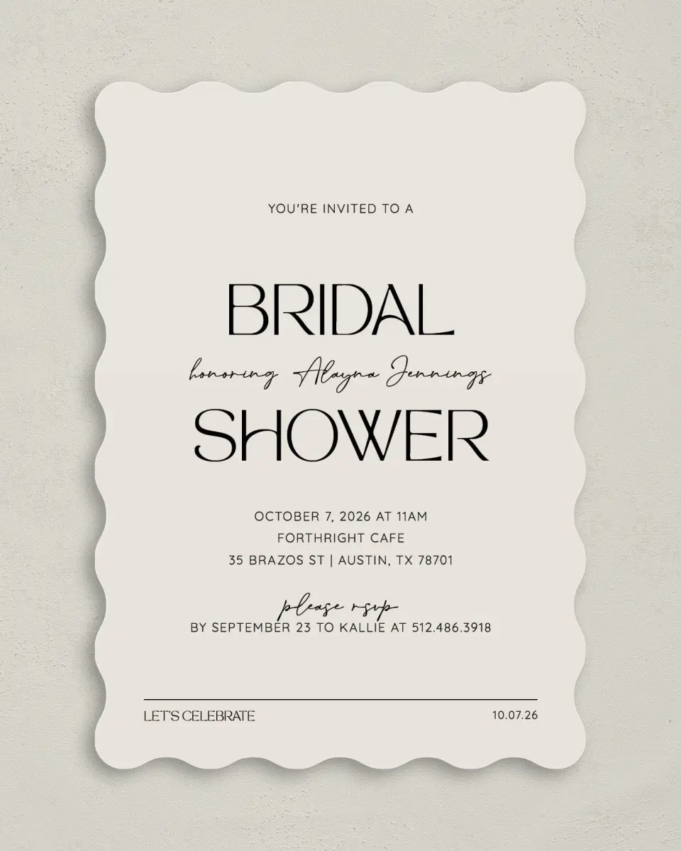 This is a 5" x 7" Bridal Shower Invitation called Honored Bride printed in full color with Rose Gold foil on Luxe Satin (coated) paper