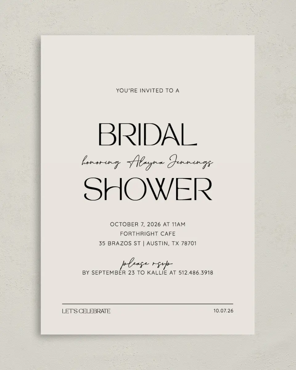 This is a 5" x 7" Bridal Shower Invitation called Honored Bride printed in full color on Premium Smooth paper