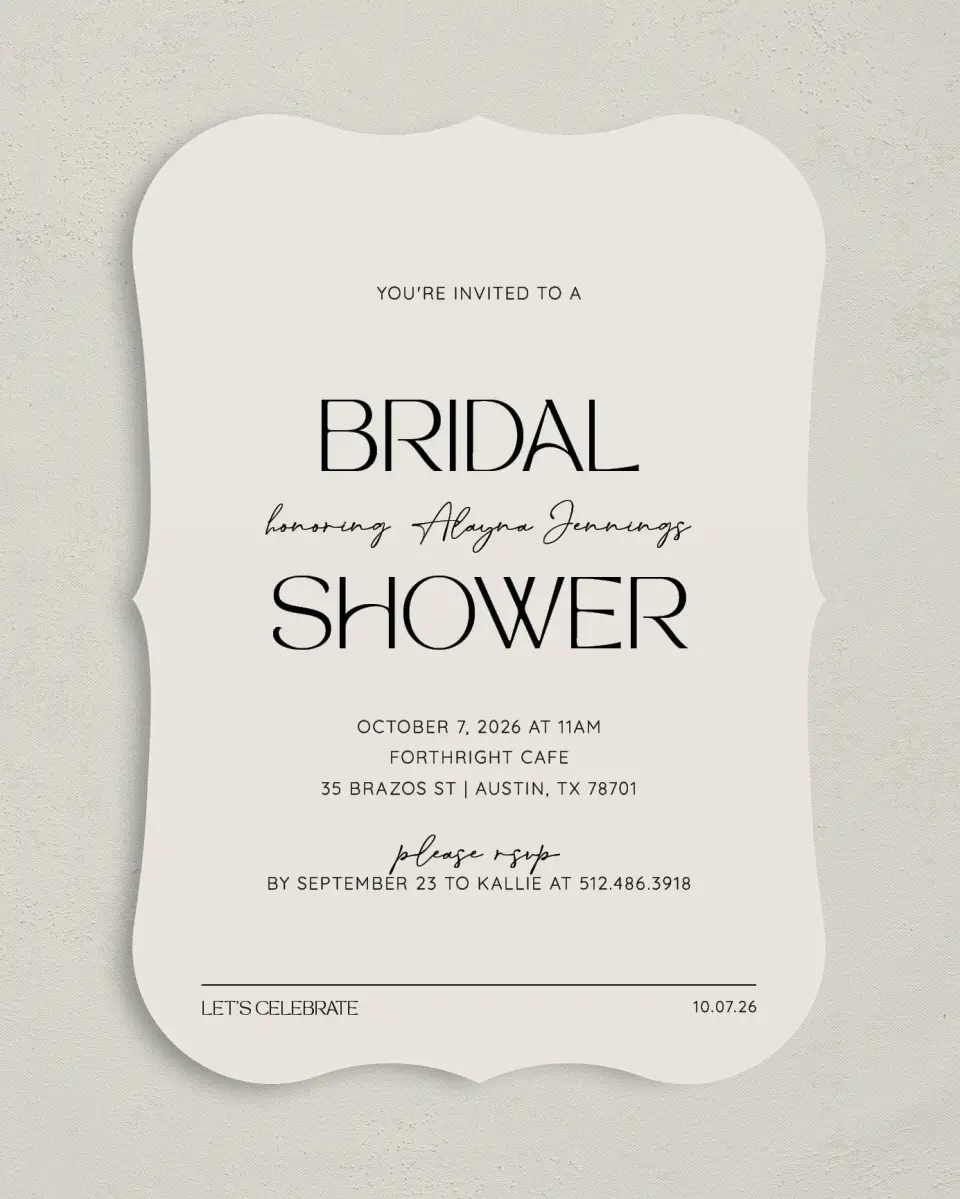 This is a 5" x 7" Bridal Shower Invitation called Contemporary Chic printed in full color with Rose Gold foil on Luxe Satin (coated) paper