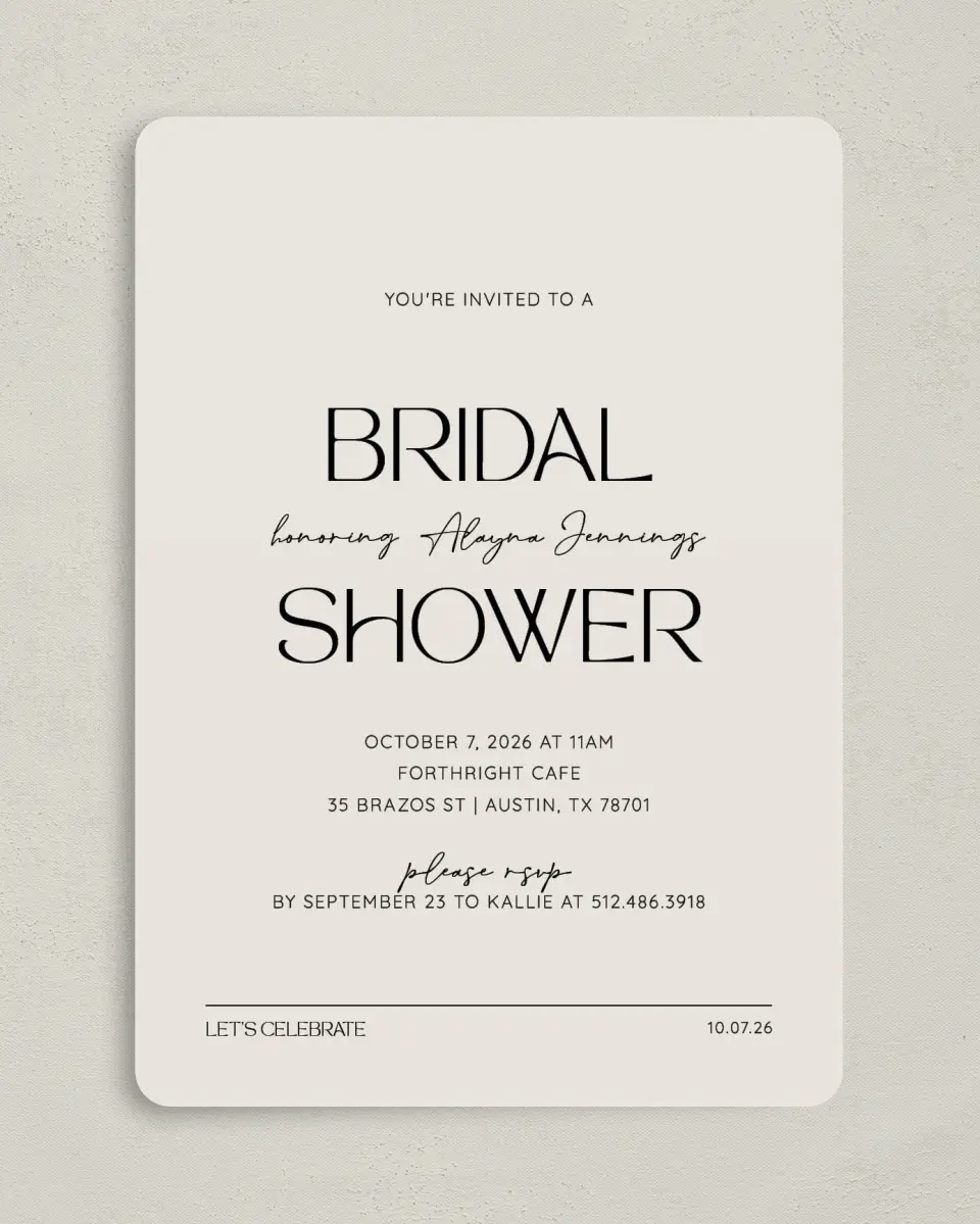 This is a 5" x 7" Bridal Shower Invitation called Honored Bride printed in full color on Premium Smooth paper
