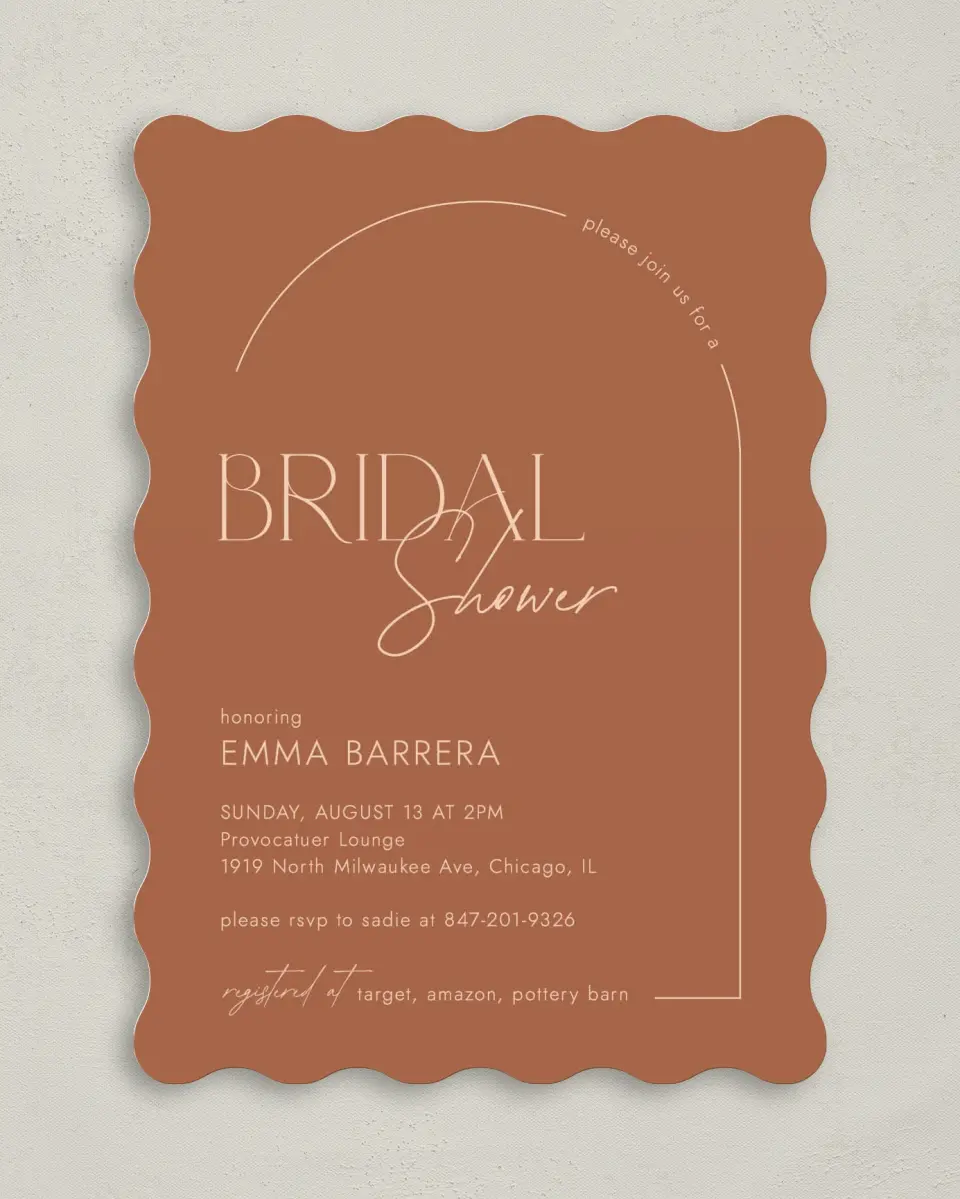 This is a 5" x 7" Bridal Shower Invitation called Mod Miss printed in full color with Rose Gold foil on Luxe Satin (coated) paper