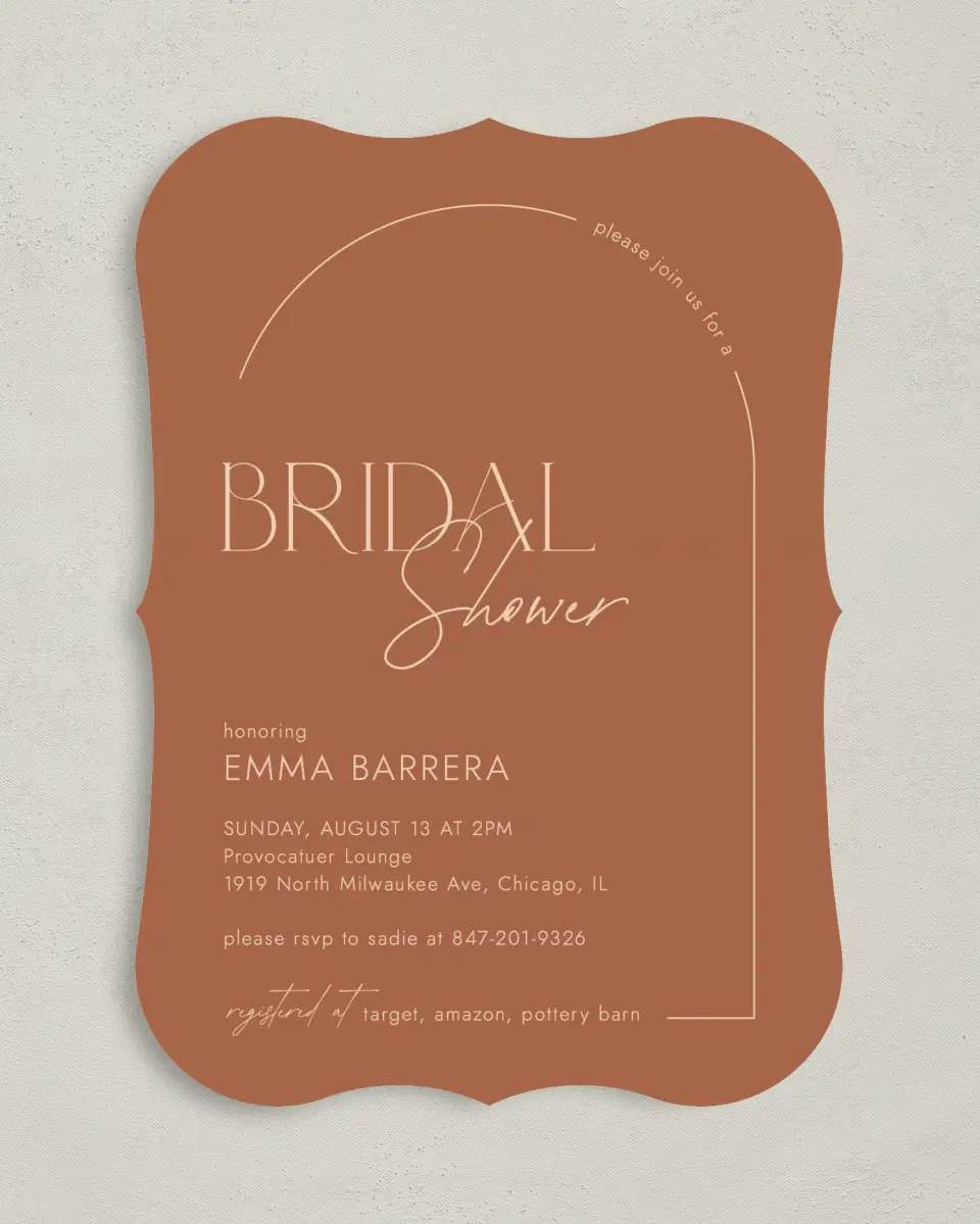 This is a 5" x 7" Bridal Shower Invitation called Mod Miss printed in full color with Rose Gold foil on Luxe Satin (coated) paper