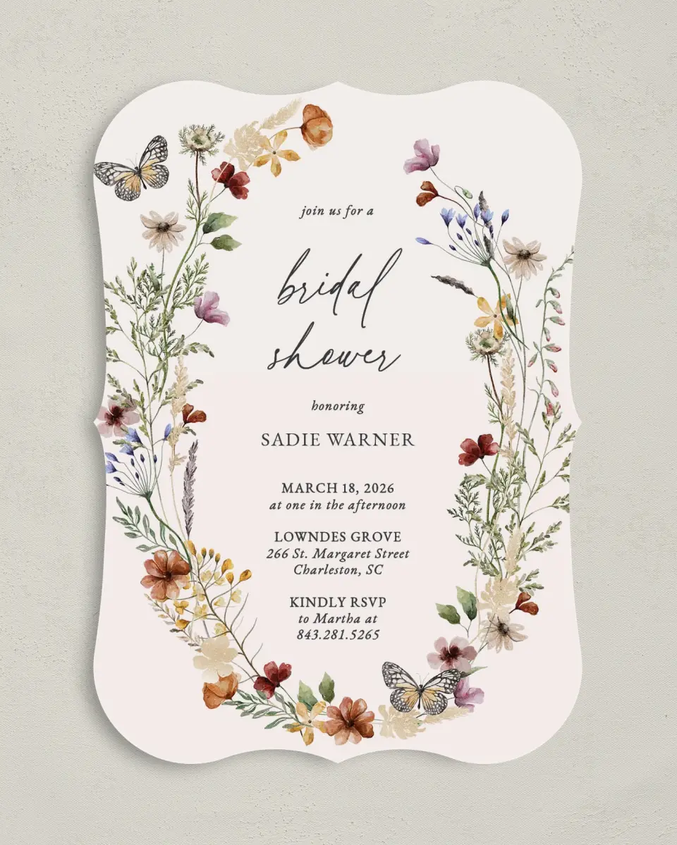 This is a 5" x 7" Bridal Shower Invitation called Gives Her Butterflies printed in full color with Rose Gold foil on Luxe Satin (coated) paper