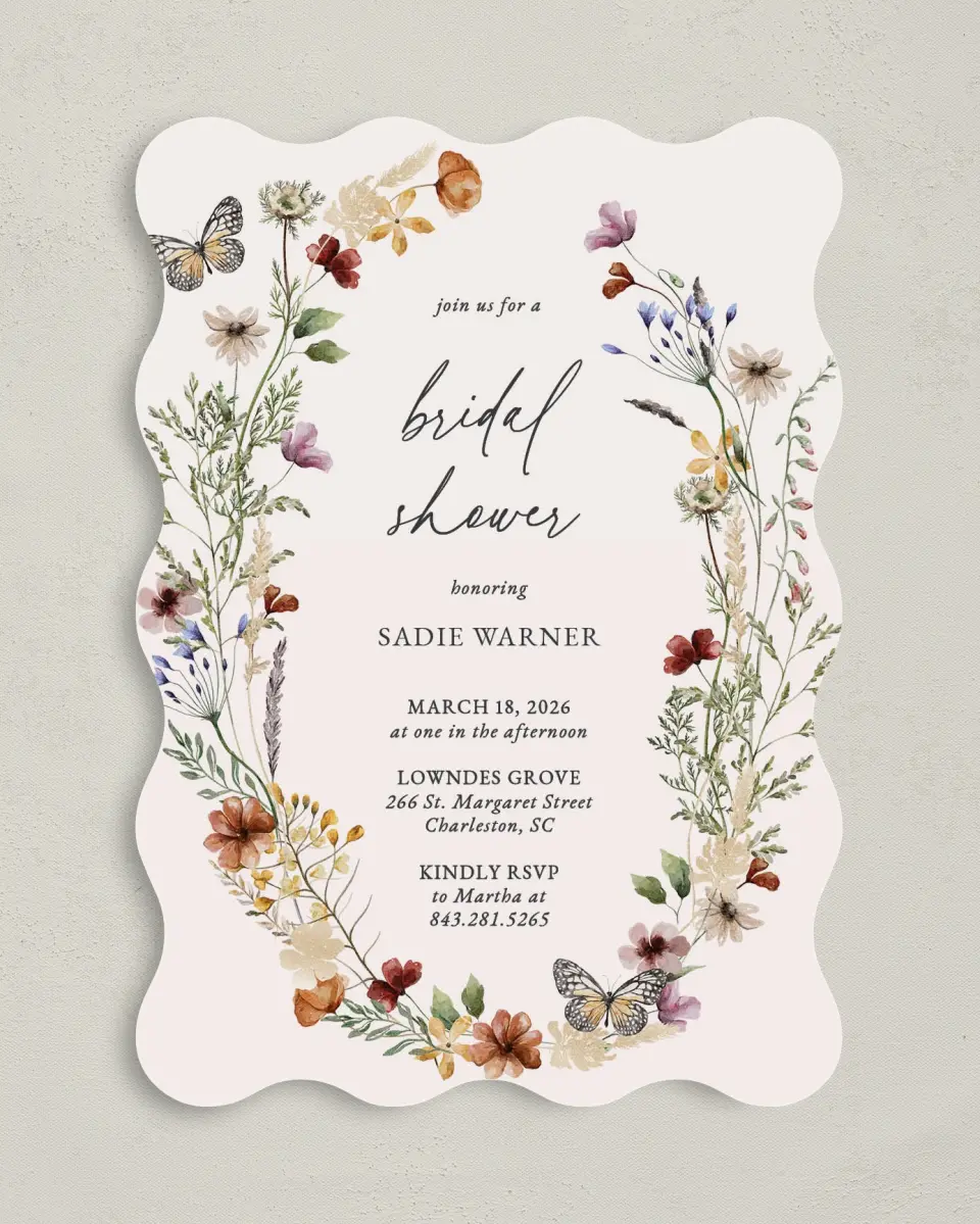 This is a 5" x 7" Bridal Shower Invitation called Gives Her Butterflies printed in full color with Gold foil on Luxe Satin (coated) paper