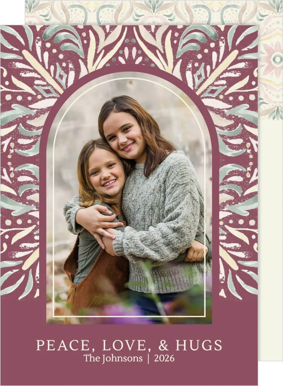 This is a 5" x 7" Valentine's Day Card called Peace, Love, & Hugs printed in full color on Premium Smooth paper