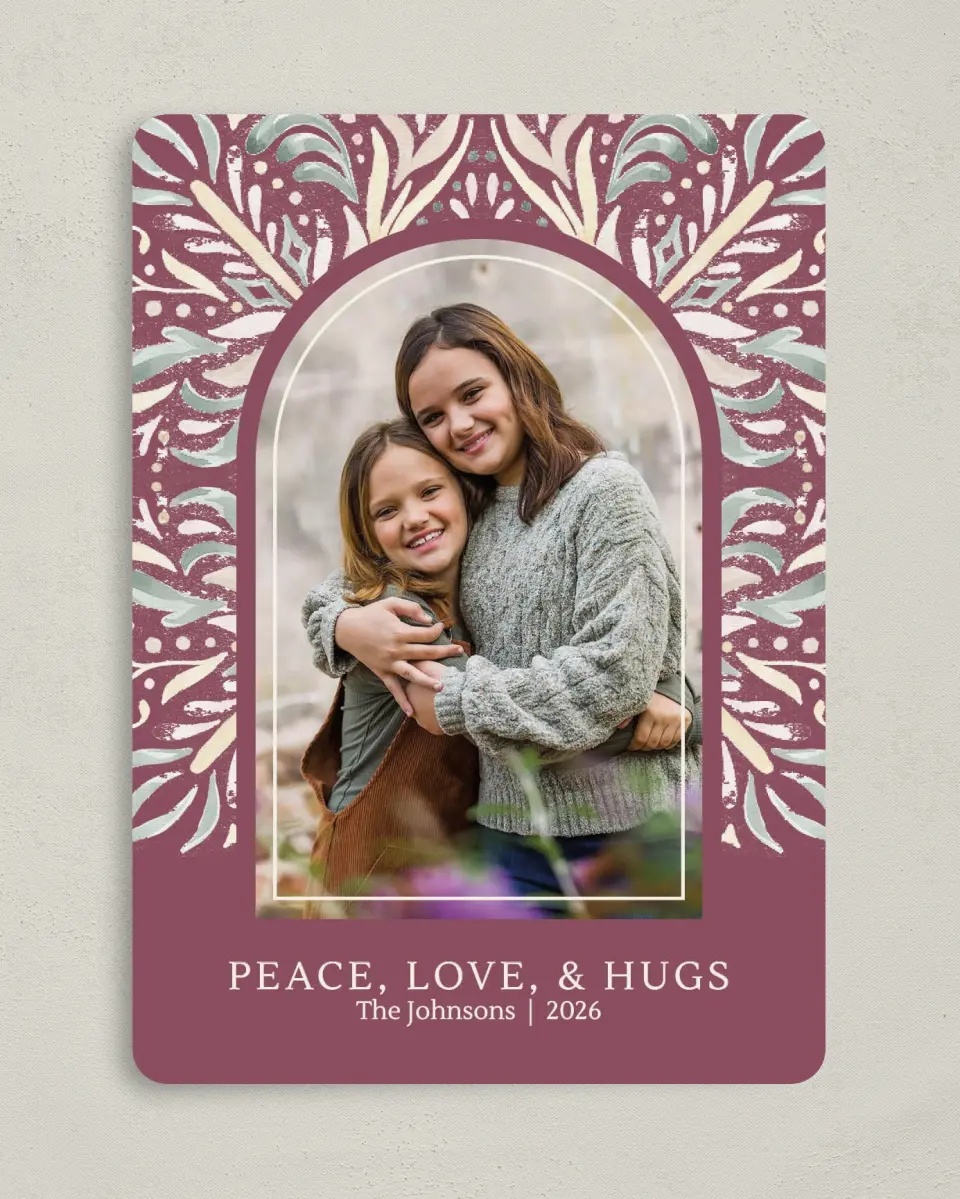 This is a 5" x 7" Valentine's Day Card called Peace, Love, & Hugs printed in full color on Premium Smooth paper