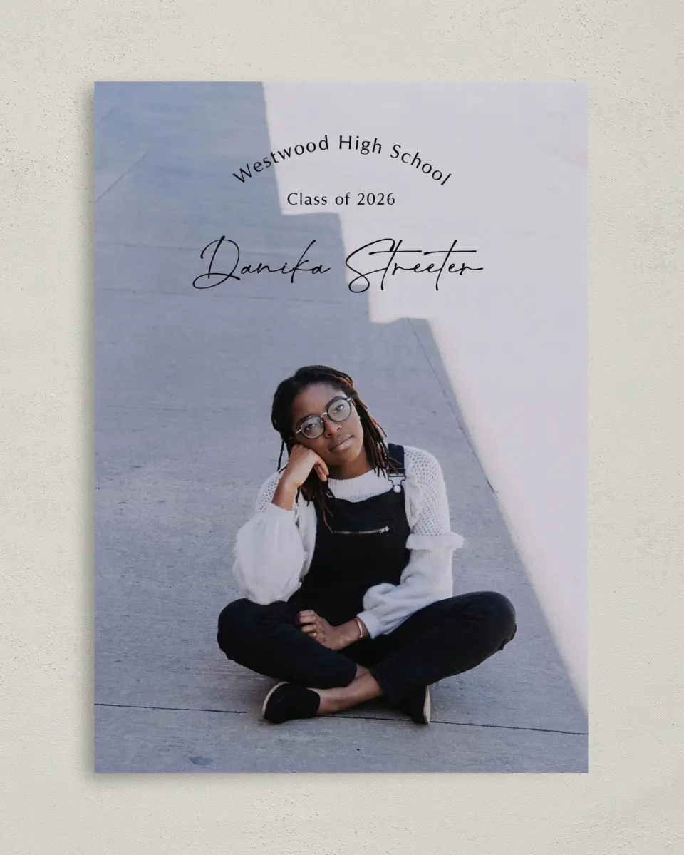 This is a 5" x 7" Graduation Announcement Card called Academic Arch printed in full color with Rose Gold foil on Luxe Satin (coated) paper