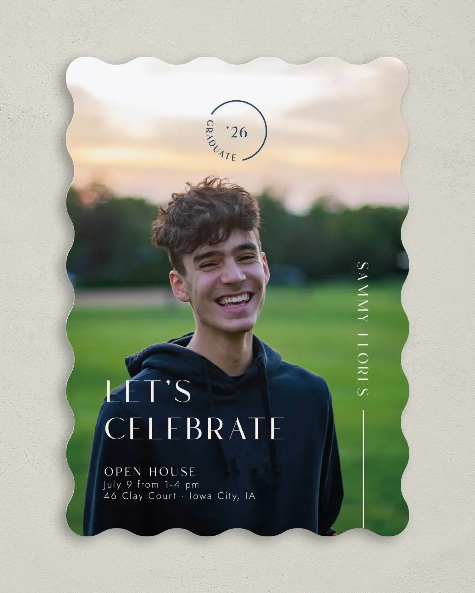 This is a 5" x 7" Graduation Announcement Card called Bold Badge printed in full color on Premium Smooth paper