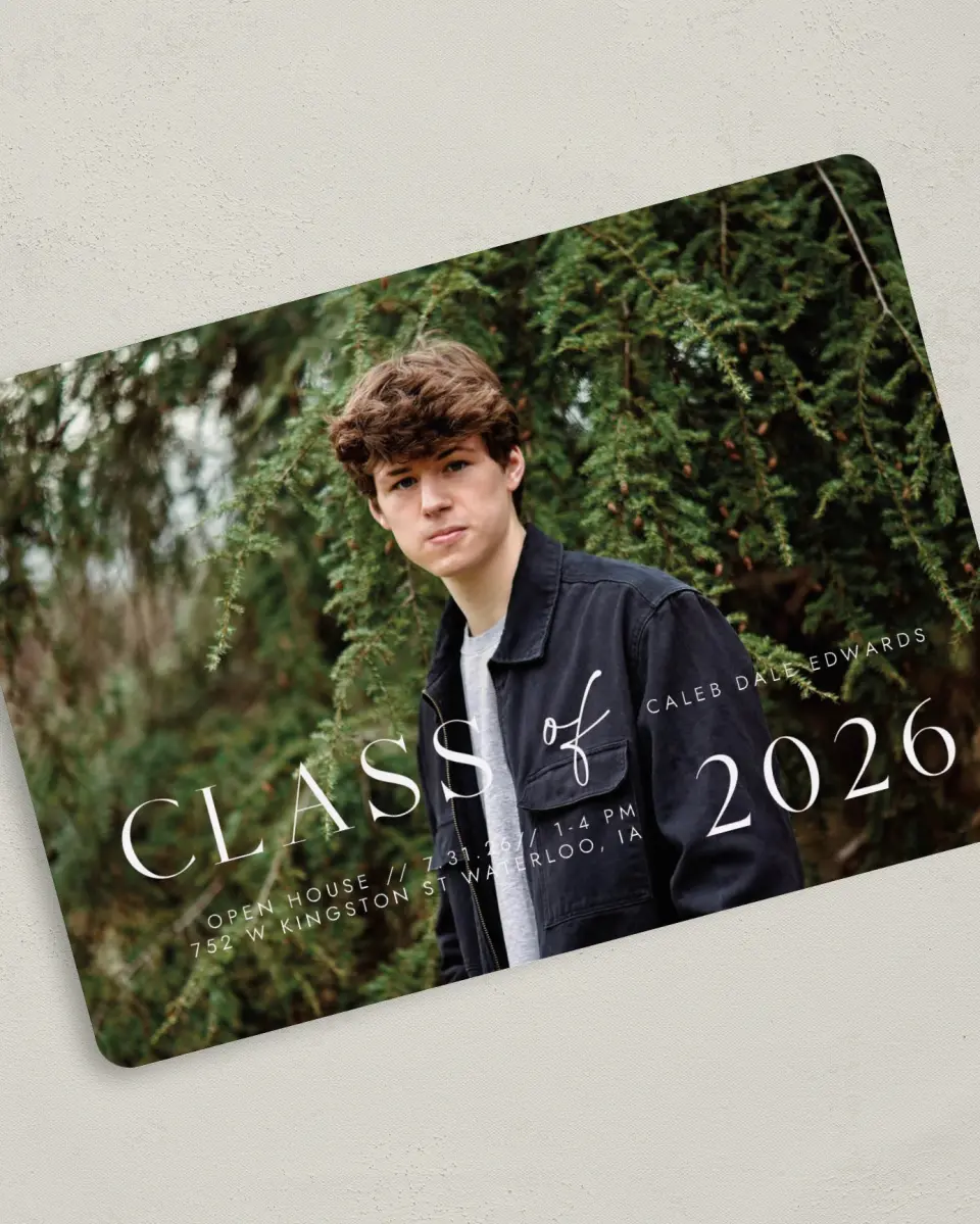 This is a 5" x 7" Graduation Announcement Card called New Start printed in full color on Premium Smooth paper