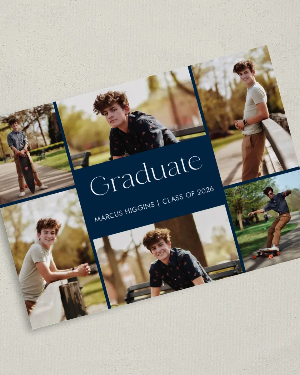 This is a 5" x 7" Graduation Announcement Card called Commencement Collage printed in full color on Premium Smooth paper
