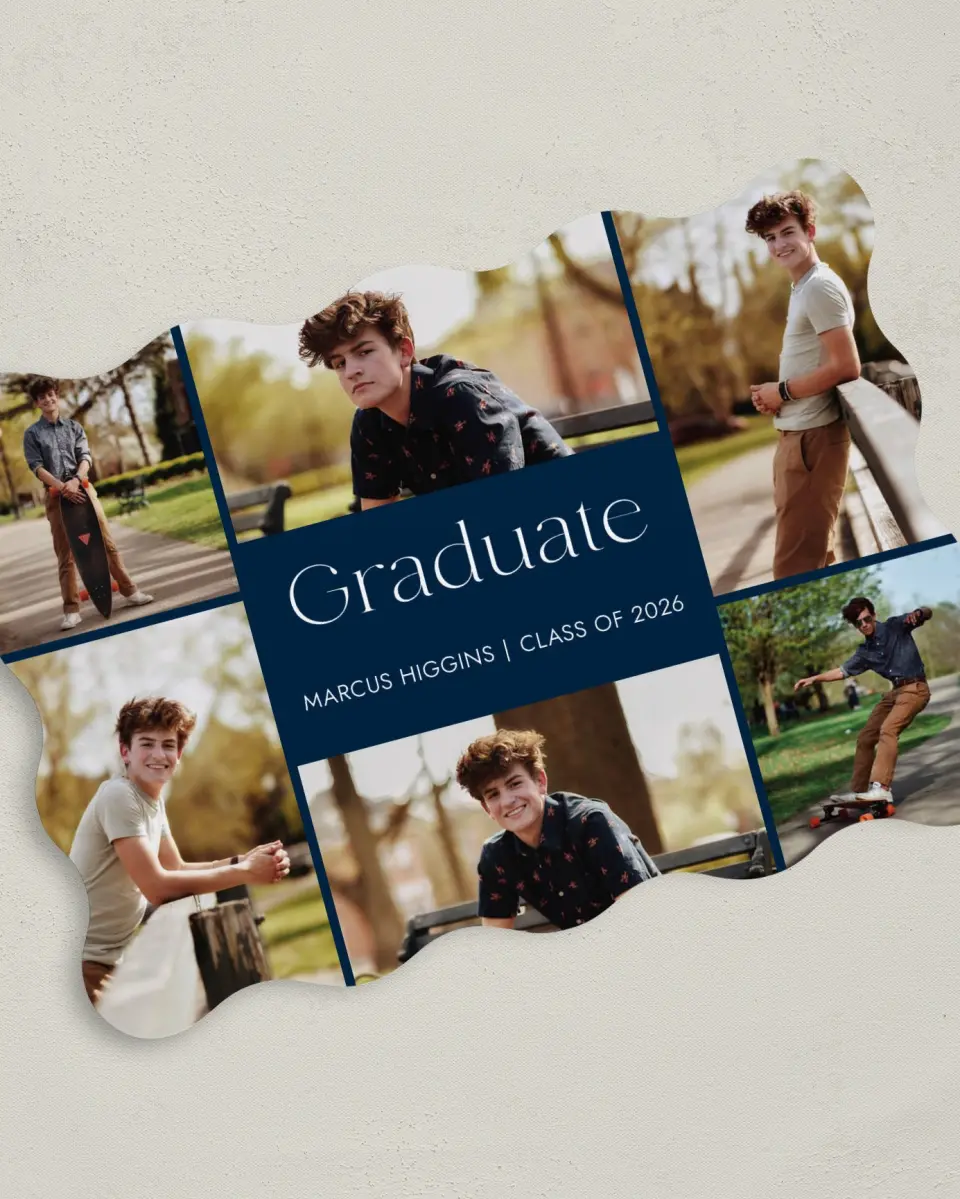 This is a 5" x 7" Graduation Announcement Card called Commencement Collage printed in full color on Premium Smooth paper